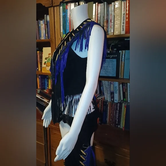 Freedom Riding Company Black And Blue Pure Leather Vest, Jacket And Chaps. - Picture 6 of 16